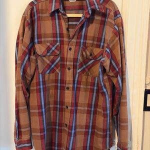 Men's Plaid Flannel Button-Up Shirt in Brown, Red & Blue